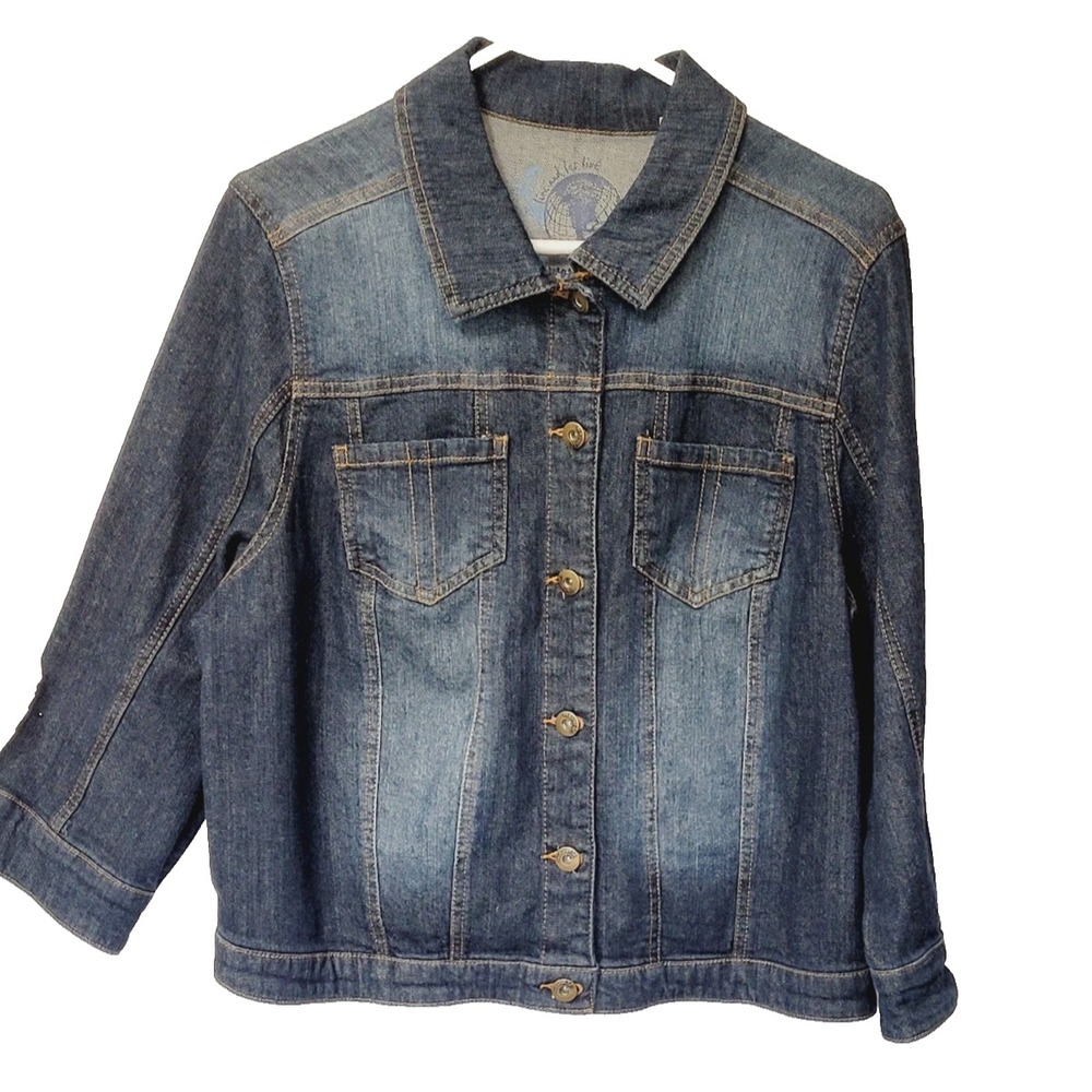 One World Trucker Jacket Womens XL Blue Denim Cropped 3/4 Sleeve Stretch Artsy